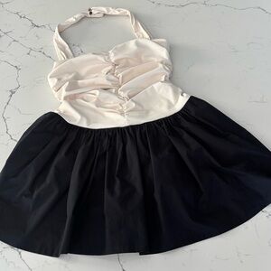 Maeve Cream and Black Ruched Halter Dress